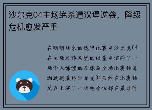 沙尔克04主场绝杀遭汉堡逆袭，降级危机愈发严重