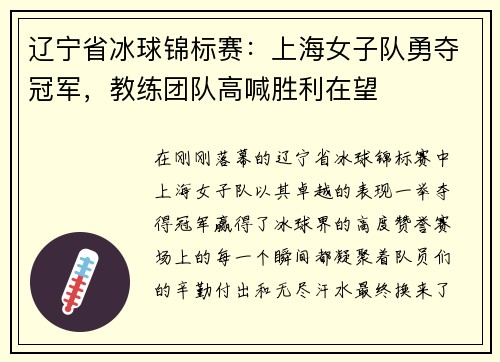 辽宁省冰球锦标赛：上海女子队勇夺冠军，教练团队高喊胜利在望